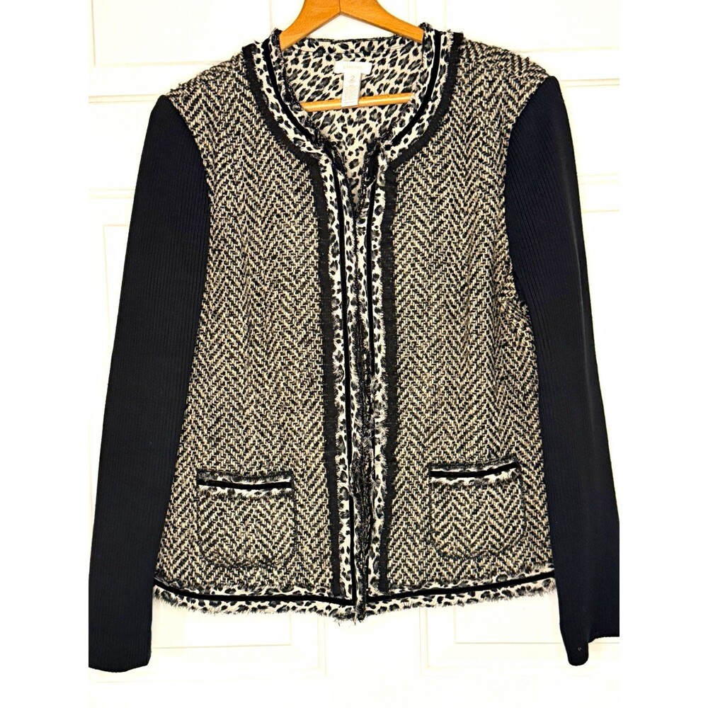 Chico's Women’s Size 2 Black & Beige Herringbone Open Front Fringe Jacket
